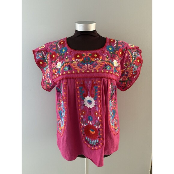 YZXDORWJ Top Womens M Pink Floral Embroidered Mexican Peasant Boho - Picture 1 of 16